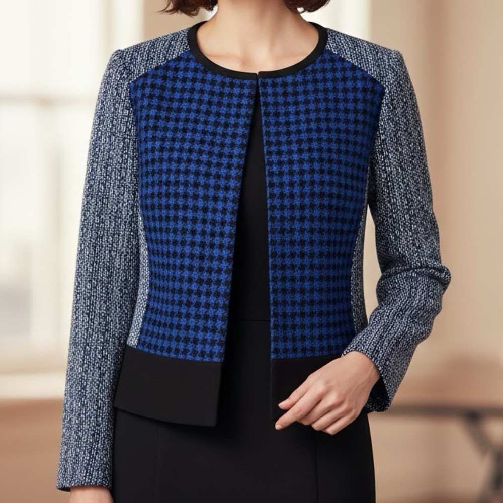 Ann Taylor Women's 2P Petite Blazer Blue Black Houndstooth Cotton Wool LS - Picture 1 of 13
